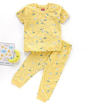 Babyhug Half Sleeves T-Shirt & Pyjama Set Airplane Print - Yellow