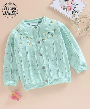 Babyoye Full Sleeves Cotton Sweater Floral Embroidery- Green