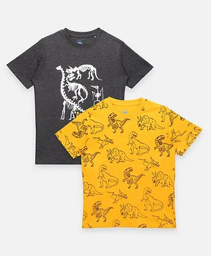 Lilpicks Couture Pack Of 2 Half Sleeves Dinosaur Print Tee - Grey and Yellow