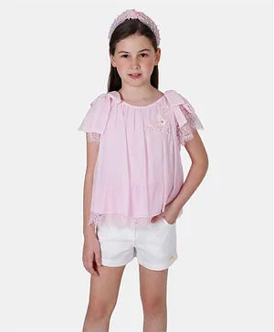 One Friday Short Sleeves Lace Trim Top - Pink