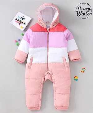 Babyoye Woven Full Sleeves Hooded Winter Romper Stripes - Multicolour