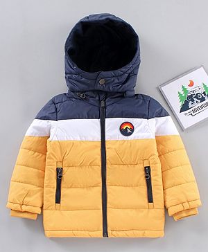 Babyhug Full Sleeves Color Block Hooded Jacket- Navy White Yellow