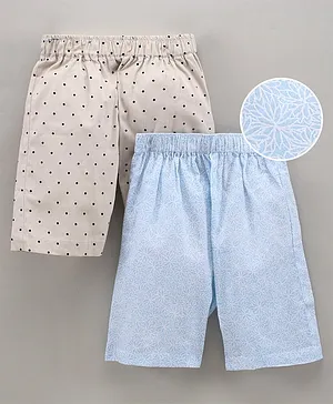 Rikidoos Pack Of 2 Polka Dot & Seamless Flower Printed Shorts - Beige & Blue