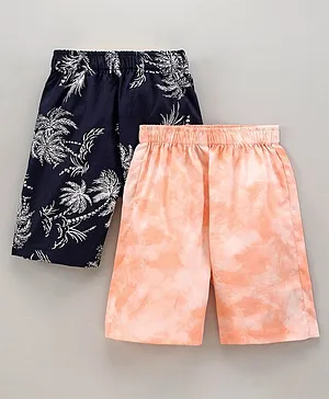 Rikidoos Pack Of 2 Coconut Tree Printed With Tie & Dyed Shorts - Navy Blue & Peach