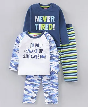 Babyhug Full Sleeves T-Shirt & Pyjama Nightwear Set Text & Stripe Print Pack Of 2 - Navy Blue