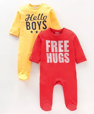 Babyhug Cotton Knit Full Sleeves Sleepsuit Text Printed Pack of 2 - Red Orange