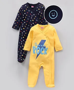Babyhug Full Sleeves Sleepsuit Multi Print Pack Of 2 - Yellow Navy Blue