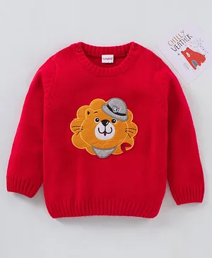 Babyhug Full Sleeves Knit Sweater Lion Patch - Red
