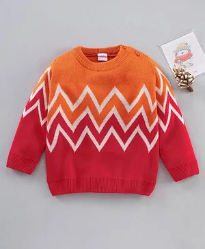 Babyhug Full Sleeves Knit Sweater Striped - Red Yellow