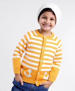 Babyhug Full Sleeves Knit Sweater Striped With Duck Print - Yellow