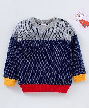 Babyhug Full Sleeves Knit Sweater - Grey Navy