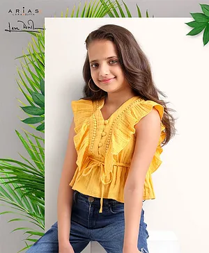 Arias Cotton Double Gauze Peplum Top with Lace Inserts - Yellow