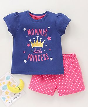 Babyhug Half Sleeves Top & Shorts Crown Print - Blue Pink