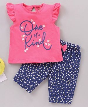 Babyhug Short Sleeves Capri Night Suit Text Print - Pink