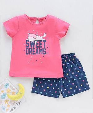 Babyhug Half Sleeves Printed Top & Shorts - Pink Navy