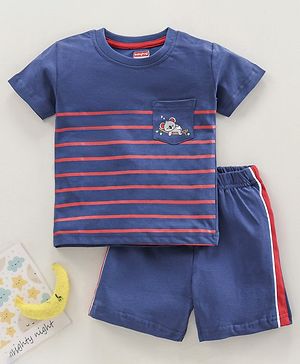 Babyhug Half Sleeves T-Shirt & Shorts Set Striped & Koala Print - Navy Blue