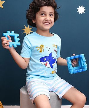 Babyhug Half Sleeves Cotton Shorts Set Shark Printed - Blue