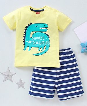 Babyhug Cotton Half Sleeves Night Suit Stripes and Dino Print - Yellow and Blue