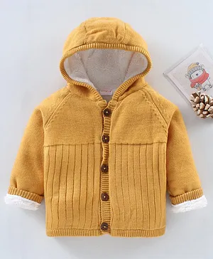 Babyhug Full Sleeves Cable Knit Hooded Sweater- Mustard