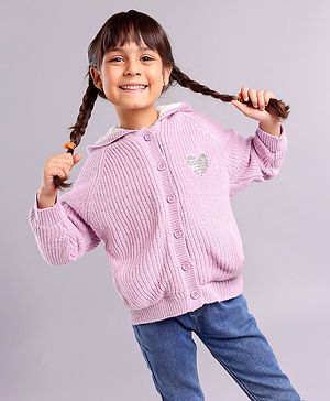Babyhug Knit Full Sleeves Cable Knitted & Sequins Detailing Hooded Sweater - Purple