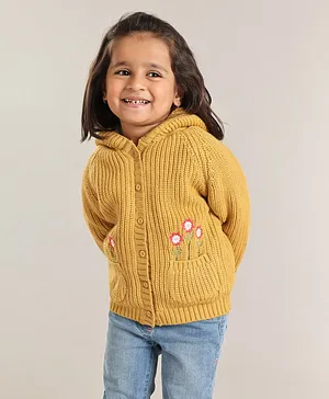 Babyhug Full Sleeves Hooded Sweater Floral Embroidery - Yellow