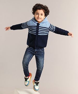 Babyhug Full Sleeves Hooded Striped Sweater - Navy