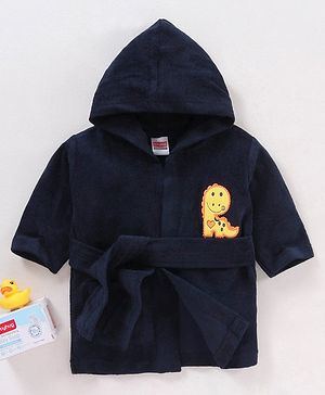 Babyhug Cotton Full Sleeves Dino Embroidery Hooded Bath Rob - Navy