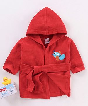 Babyhug Cotton Full Sleeves Airplane Embroidery Hooded Bath Rob - Red