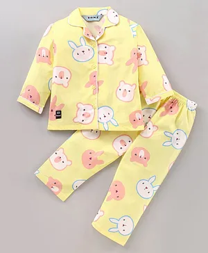 Enfance Core Full Sleeves Bunny & Bear Face Print Night Suit - Lemon