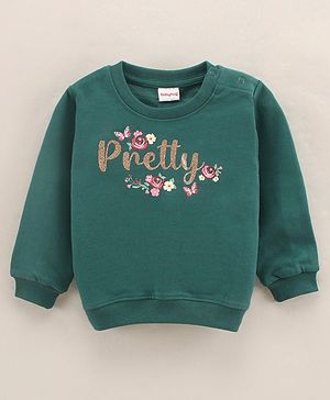 Babyhug Full Sleeves Cotton Knit Sweatshirt With Glitter Graphics Print - Green