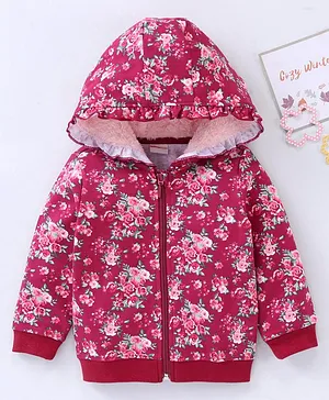 Babyhug Cotton Knit Full Sleeves Hooded Jacket Floral Print - Maroon