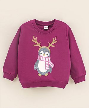 Babyhug Full Sleeves Knit Sweatshirt Penguin Print & Sequin Applique - Violet