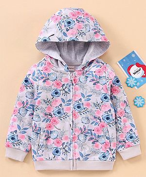 Babyhug Full Sleeves Hooded Sweat Jacket Floral Print - Grey Pink