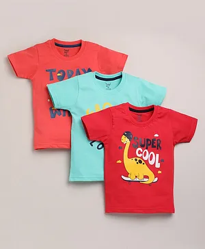 TOONYPORT Pack Of 3 Dinosaur Printed T Shirts - Red Blue Pink