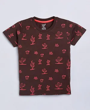 TOONYPORT Half Sleeves Cactus Printed T Shirt - Brown