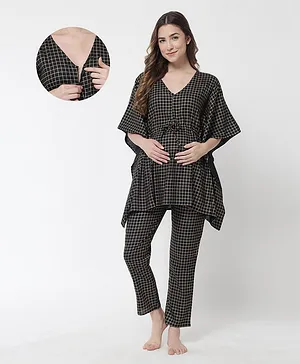 Aujjessa Batwing Sleeves Checks Printed Kaftan Style Maternity Feeding Night Suit - Black