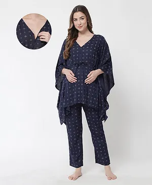 Aujjessa Batwing Sleeves Printed Kaftan Style Maternity Night Suit - Navy Blue