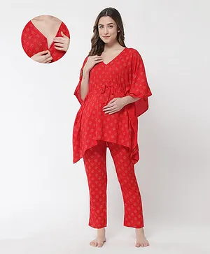 Aujjessa Batwing Sleeves Printed Kaftan Style Maternity Night Suit - Red