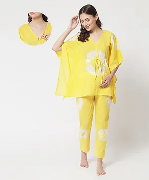 Aujjessa Batwing Sleeves Tie And Dye Print Kaftan Style Maternity Night Suit - Yellow