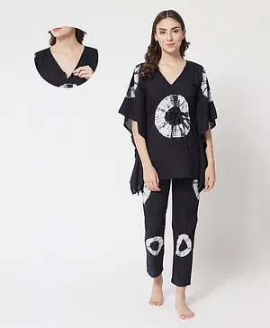 Aujjessa Batwing Sleeves Tie And Dye Print Kaftan Style Maternity Night Suit - Black