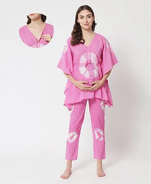 Aujjessa Batwing Sleeves Tie And Dye Print Kaftan Style Maternity Night Suit - Pink