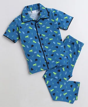 Polka Tots Half Sleeves Dinosaur Print Night Suit - Blue