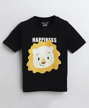 Polka Tots Half Sleeves Happiness And Lion Print T Shirt - Black