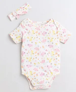 Polka Tots Half Sleeves Hare Print Onesie With Bow Head Band - White