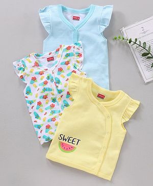 Babyhug 100% Cotton Sleeveless Stripe & Floral Printed Vest Pack Of 3 - Yellow Blue & White