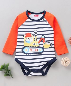 Babyhug 100% Cotton Full Sleeves Onesie Printed & Stripes - Orange