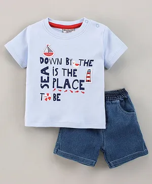 Wonderchild Half Sleeves Down By The Sea Is The PLace To Be Printed And Boat Patch Detail T Shirt With Denim Shorts - Blue