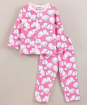 Wonderchild Full Sleeves Elephants Print Night Suit - Pink