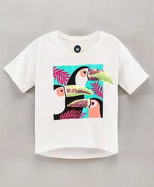 Vitamins Half Sleeves High Low Top Penguin Print with Sequin Detailing - White