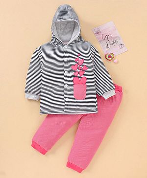 Babyhug Cotton Winter Wear Heart Patched Hooded T-Shirt and Dotted Lounge Pant - Navy Blue Pink